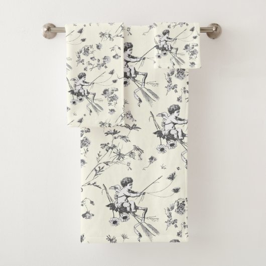 Schattige  Cupido Engel Zwart Wit Bloemen Toile Bad Handdoek (Insitu)