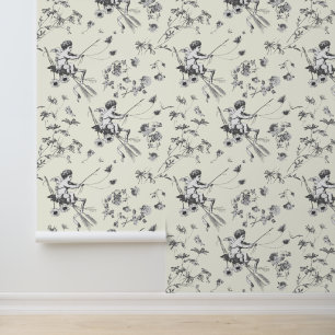 Schattige Cupido Engel Zwart Wit Bloemen Toile Behang
