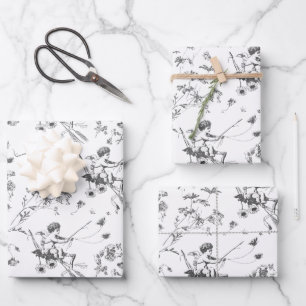 Schattige  Cupido Engel Zwart Wit Bloemen Toile Inpakpapier Vel
