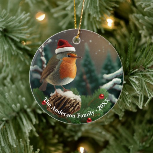 Schattige custom robin boven een besneeuwde boom keramisch ornament (Boom)
