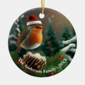 Schattige custom robin boven een besneeuwde boom keramisch ornament (Voorkant)
