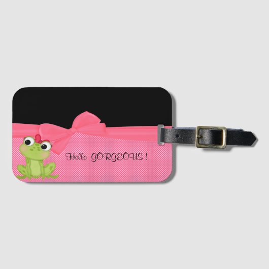 Schattige Cute Frog op Polka Dots-Hallo Pradeloos Bagagelabel (Voorkant (horizontaal))