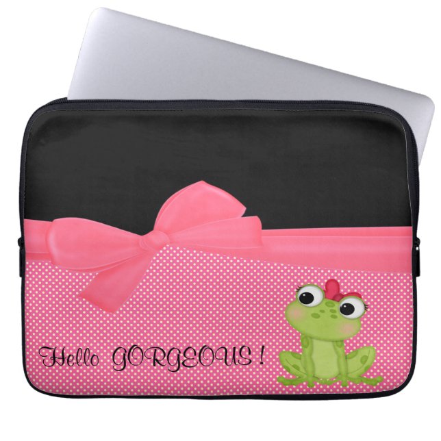 Schattige Cute Frog op Polka Dots-Hallo Pradeloos Laptop Sleeve (Voorkant)