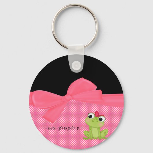 Schattige Cute Frog op Polka Dots-Hallo Pradeloos Sleutelhanger (Voorkant)