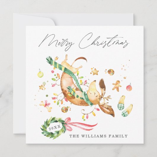 Schattige Cute Happy Dog Dachshund-kerstlampjes Feestdagenkaart (Voorkant)