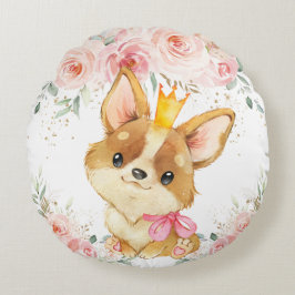 Schattige Cute Princess Corgi Dog Blush Floral Rond Kussen