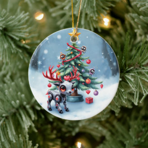Schattige Cyberpunk Rendier met Kerstboom Keramisch Ornament
