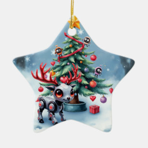 Schattige Cyberpunk Rendieren met Kerstboom Keramisch Ornament