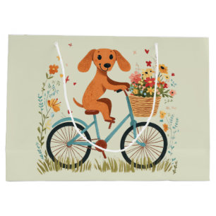 Schattige dachshond hond fietst door lente bloemen groot cadeauzakje