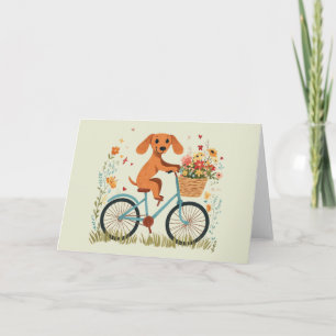 Schattige dachshond hond fietst door lente bloemen kaart