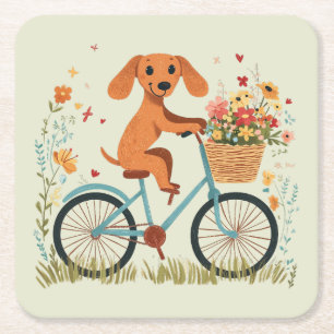 Schattige dachshond hond fietst voorjaarsbloemen kartonnen onderzetters