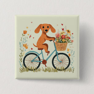 Schattige Dachshond Honden Fietsen Lente Bloemen Vierkante Button 5,1 Cm