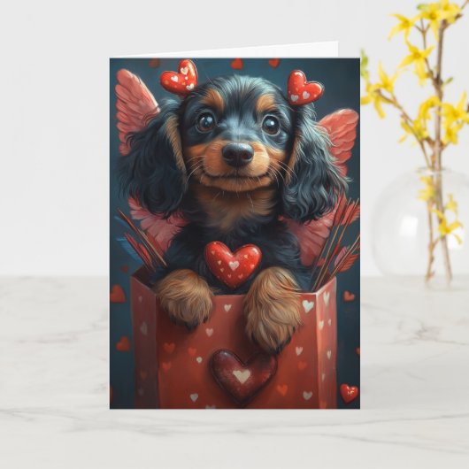 Schattige dachshond in Cupido-costuum Valentijnsda Kaart (Gele Bloem)