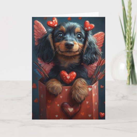 Schattige dachshond in Cupido-kostuum Valentijnsda Kaart (Voorkant)