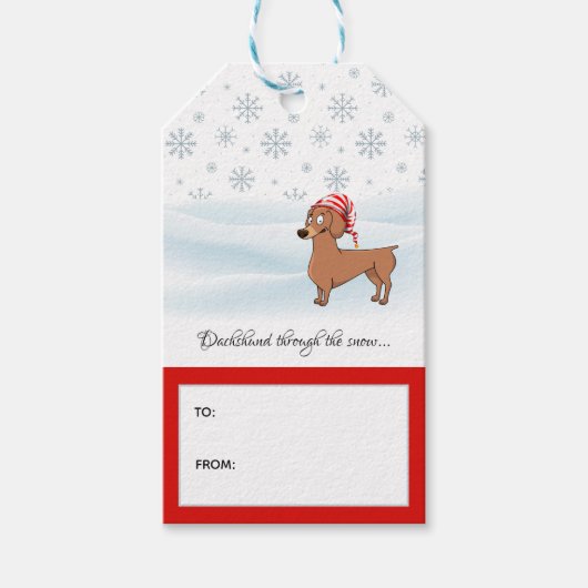 Schattige Dachshund Door het Sneeuwwoord Speelvaka Cadeaulabel (Voorkant)