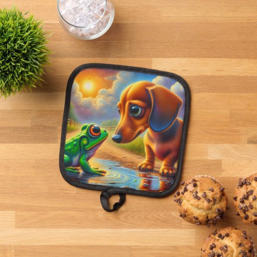 Schattige Dachshund en Kikker Pannenlap (Top down)