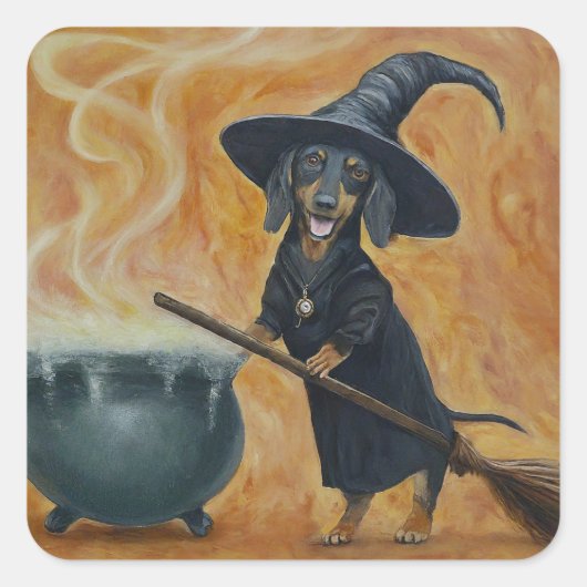 Schattige Dachshund Heks Vierkante Sticker (Voorkant)