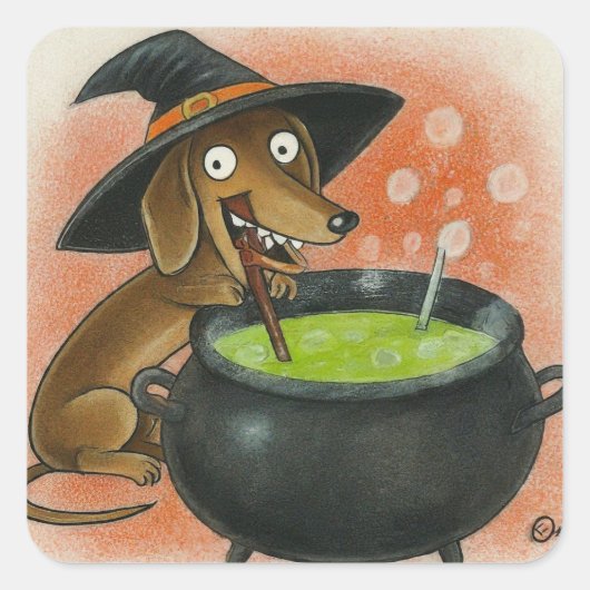 Schattige Dachshund Heks Vierkante Sticker (Voorkant)