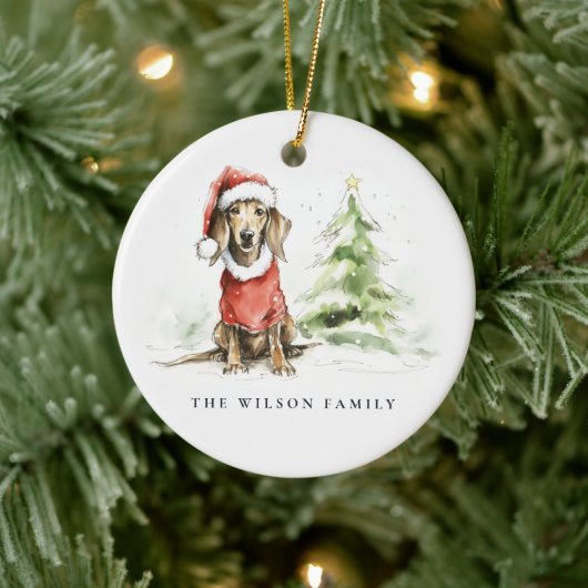 Schattige Dachshund Hondenharige en Bright Christm Keramisch Ornament (Boom)