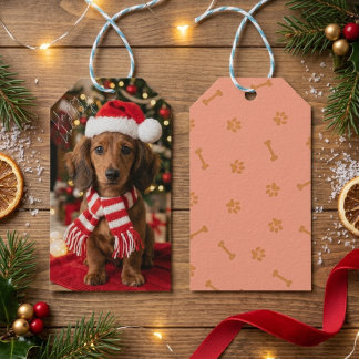Schattige Dachshund Kerstman Hoed Gezellige Kerst Cadeaulabel