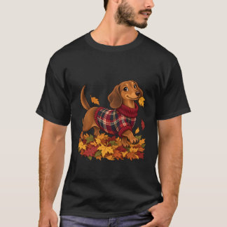 Schattige Dachshund met geruite herfsttrui tussen T-shirt