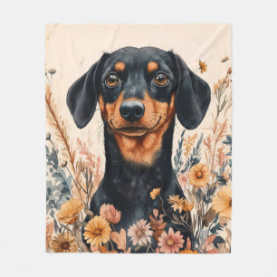 Schattige Dachshund met Wilde Bloemen Schilderij Fleece Deken