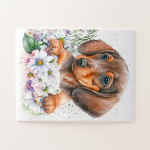Schattige Dachshund Puppy Waterverf Bloemenhond Legpuzzel