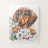 Schattige Dachshund Puppy Waterverf Bloemenhond Legpuzzel (Verticaal)