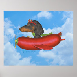 Schattige Dachshund Vliegend Worstvormig Vlak Poster