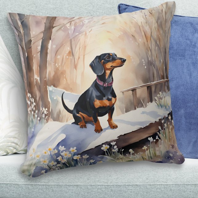 Schattige Dachshund Winter Sneeuw Waterverf Honden Kussen (A throw pillow with beautiful picture of a dachshund in snow, in a watercolor style)