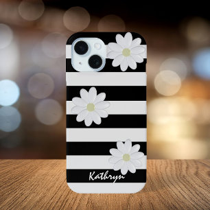 Schattige Daisy Flowers Naam Zwart-wit Streep iPhone 15 Case