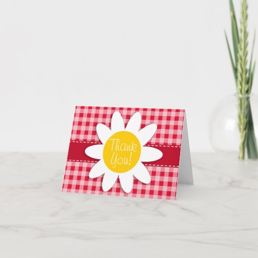 Schattige Daisy op Retro Scarlet Red Gingham Patte Bedankkaart (Voorkant)