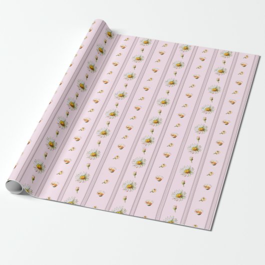 Schattige  Daisy Stripes Roze Cadeaupapier (Uitgerold)