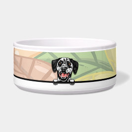 Schattige Dalmatiër die gluurt, eten of drinken Voerbakje