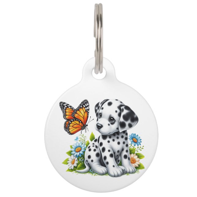 Schattige Dalmatiër/Vlinder vrienden Huisdierpenning (Voorkant)