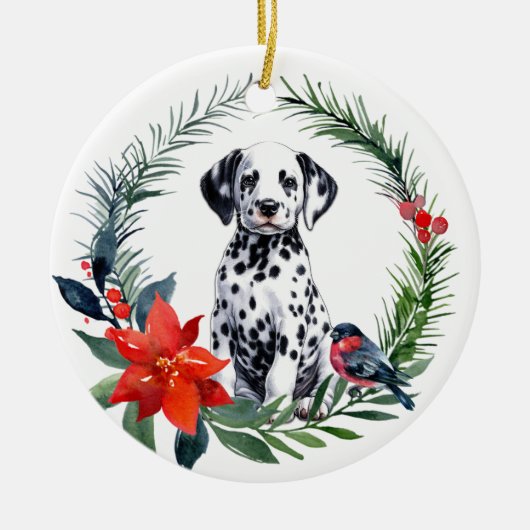 Schattige Dalmatische Puppy Waterverf Poinsettia Keramisch Ornament (Voorkant)