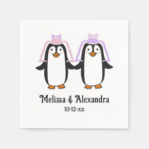 Schattige Dame Pinguïns Trouwkoppel Namen Datum #4 Servet