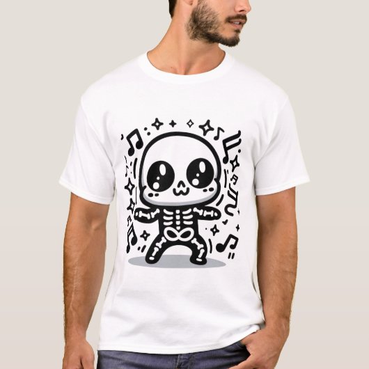 Schattige Dancing Skeleton Kawaii Halloween Muziek T-shirt (Voorkant)