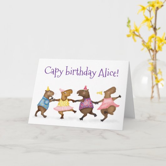 Schattige dansen Capybaras gepersonaliseerde verja Kaart (Gele Bloem)