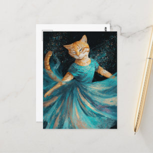 Schattige dansende gemberkat in blauwe jurk briefkaart