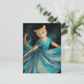Schattige dansende gemberkat in blauwe jurk briefkaart (Staand voorkant)