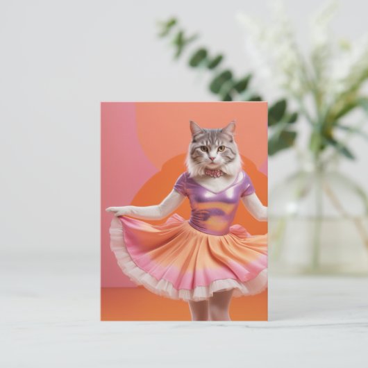Schattige dansende kat in roze Sinaasappel Briefkaart (Staand voorkant)
