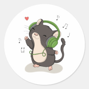 Schattige dansende muis met koptelefoon muziek sti ronde sticker