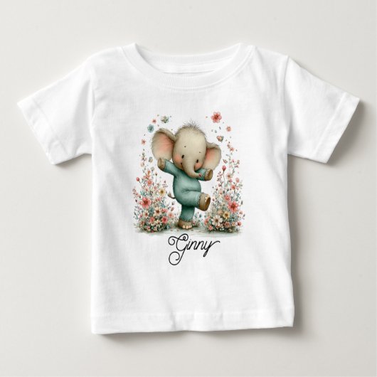 Schattige dansende olifant in wilde bloemen (Voorkant)