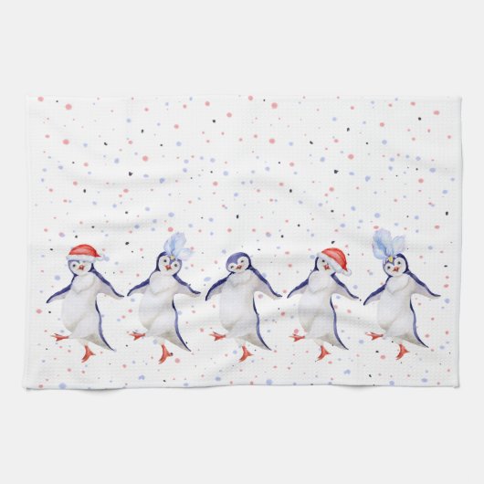 Schattige Dansende Pinguïns Kerstmis Theedoek (Horizontaal)
