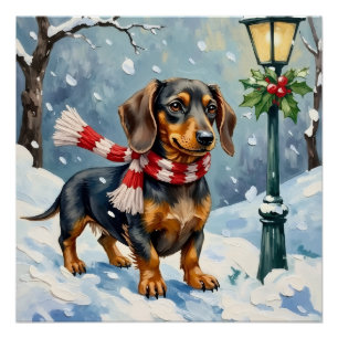 Schattige Daschund Puppyschone Winter Sjaal Kunst Perfect Poster