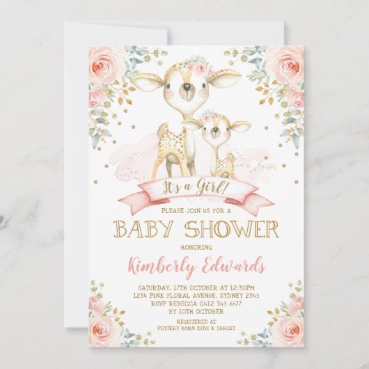 Schattige Deer Girl Baby shower Blush Pink Gold Ro Kaart (Voorkant)