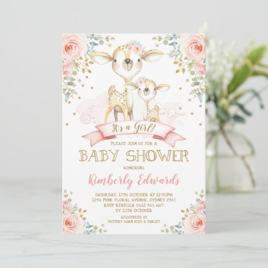 Schattige Deer Girl Baby shower Blush Pink Gold Ro Kaart (Staand voorkant)