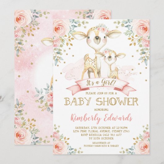 Schattige Deer Girl Baby shower Blush Pink Gold Ro Kaart (Voorkant / Achterkant)