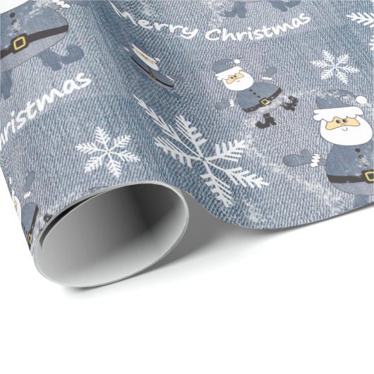 Schattige Denim Mode Kerstmis Santa Pattern Cadeaupapier (Rol Hoek)